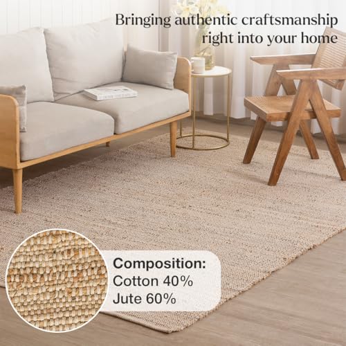 HOMEMONDE Jute Cotton Area Rug Hand Woven 8' x 10' ft - Rectangle Natural Fiber Farmhouse Style - Rustic Boho Décor Braided Rug for Entryway, Bedroom, Living Room, Hallway - color: Natural Jute, size: 8' x 10' (Rectangular)