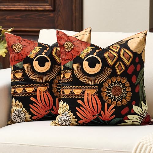 Tyrot Black Boho Floral Velvet Throw Pillow Covers Set of 2 Farmhouse Cushion Covers Mid Century Botanical Home Decor Accent Pillow Cases for Couch Sofa Living Room, Bedroom, 20x20 Inches - color: Tropical Ember, size: 20" x 20" (Pack of 2)