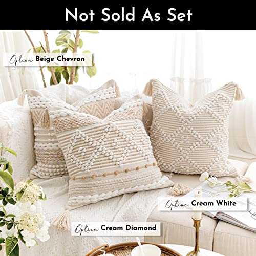 BlissBlush Cream White Boho Throw Pillow Cover 20X20, Boho Woven Textured Pillow Cover, Neutral Pillow Cover, Sofa Couch Bed Farmhouse Lumbar Pillow (Cover ONLY) - color: Cream, size: 20" x 20" (Pack of 1)
