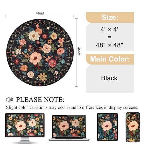 DUKINO Floral Round Rug, 4ft Washable Round Area Rug, Non Slip Indoor Low Pile Circle Rug, Soft Small Boho Design Circle Rug for Bedroom, Entryway, Living Room, Dining Room,Black - color: Black, size: 4' (Round)