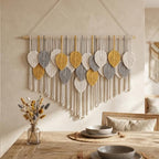 Tempospark Large Macrame Wall Hanging, 39" Wx29 L Boho Wall Hanging, Boho Chic Leaves Tassels Tapestry for Bedroom, Living Room, Dining Room, Nursery, Hallway, Balcony - color: Golden Wheat, size: 29"L x 39"W