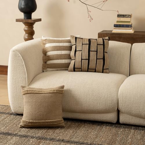 MOCOFO Semi-Handmade Woven Striped Throw Pillow Covers, French Vintage Mid-Century Decorative Cushion Case, Jute & Poly-Cotton Blend for Couch Sofa, (Cover Only) (Black Base Hemp, 18x18) - color: Hemp Pattern, size: 18" x 18" (Pack of 1)