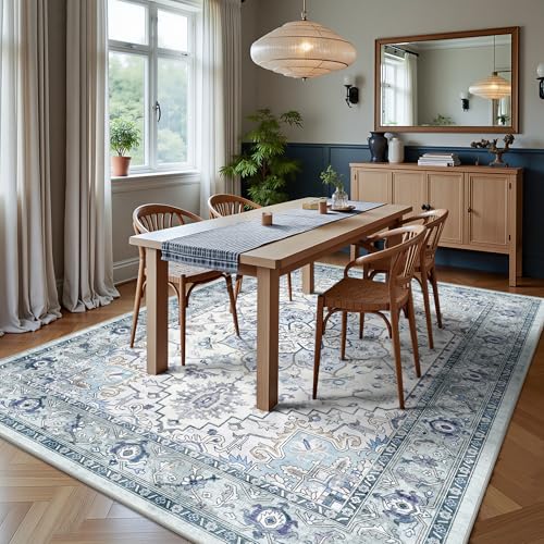 5x7 Area Rugs - Washable Rug Vintage Distress Boho Medallion Rugs for Living Room, Soft Non-Slip Backing Low Pile Carpet for Bedroom Dining Room Office Nursery Dorm Home, Blue Grey Purple - color: C- Blue/Grey/Purple, size: 5' x 7' (Rectangular)
