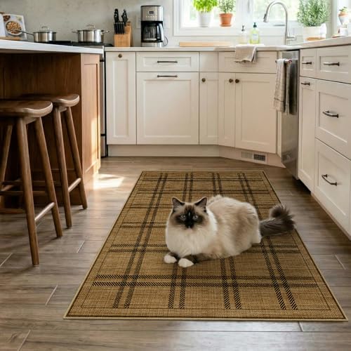 Jute 3x5 Kitchen Area Rugs: Washable Non Slip Entryway Rug with Rubber Backing Pet-Friendly Small Rugs Stain Resistant Carpet for Dining Room Laundry Porch Doorway Brown Plaid - color: Brown Plaid, size: 3' x 5' (Rectangular)