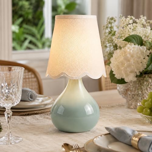 14" Cordless Table Lamp, Rechargeable Ceramic Bedside Lamp with Magnetic LED Bulb, Stepless Dimmable & 3 Colors, Battery Operated Aesthetic Lamp for Bedroom, Living Room, Patio (Green)