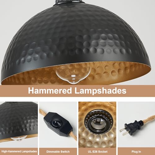 Plug in Pendant Lights Hammered Dome Hanging Lamp with Dimmable Switch 15 Ft Long Hemp Rope Farmhouse Pndant Light Cord Lighting Fixture DIY Hanging Light - color: C 1 Light
