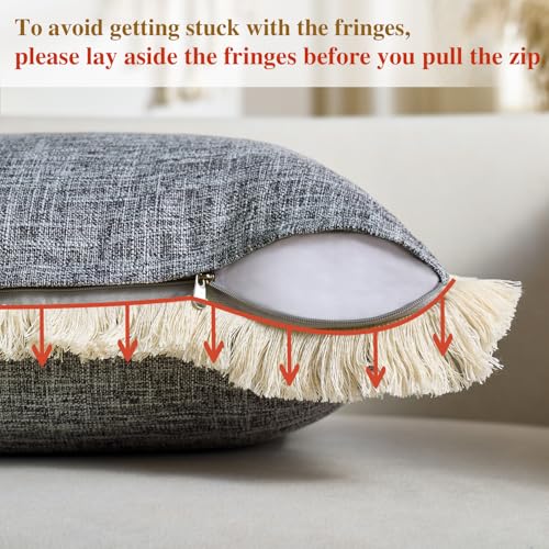 Farmhouse Throw Pillow Covers Fringe Pillow Cases 18x18 Inch Set of 2 Dark Grey Linen Burlap Boho Pillow Cover with Tassels Rustic Woven Textured Cushion Cases for Sofa Bed Living Room Home Decor - color: Dark Grey, size: 18" x 18" (Pack of 2)