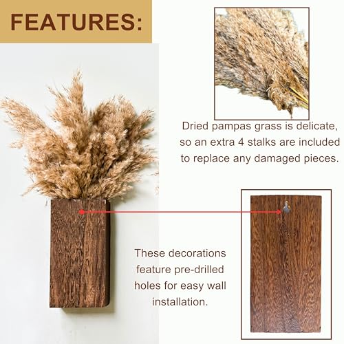 LaLaGreen Wood Wall Planters (8 Inch, 2 Pack) 16 Stalks of Pampas Grass Dried Flower, Wooden Box Vases for Indoor Hanging Planter Rustic Decor Home Living Room Bathroom Modern Farmhouse Decoration - color: Pampas Grass