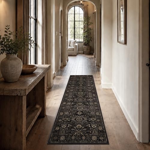2x6 Washable Runner Rugs for Hallway Kitchen Low Pile Non-Slip Vintage Distressed Runners Rug for Entryway Accent Throw Carpet for Hallway Bathroom Bedroom Black Gold - color: Black Gold, size: 2'*6'(Runner)