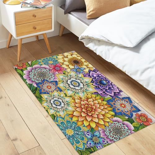 Boho Floral Area Rug 2x3 Colorful Mandala Flower Front Door Mat Low Pile Small Entryway Rugs Washable Non-Slip Indoor Outdoor Farmhouse Throw Carpet for Living Room Bedroom Home Decor - color: Boho Floral
