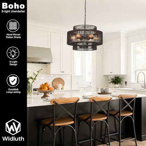 23.6" Black Rattan Chandelier, 6-Light Hand-Woven Boho Light Fixture, 3-Tier Drum Wicker Chandelier for Dining Room, Bedroom, Kitchen Island, Foyer - color: black 23.6"