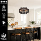 23.6" Black Rattan Chandelier, 6-Light Hand-Woven Boho Light Fixture, 3-Tier Drum Wicker Chandelier for Dining Room, Bedroom, Kitchen Island, Foyer - color: black 23.6"