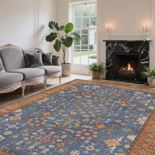 8x10 Washable Area Rugs for Living Room, Non-Slip Stain Resistant Soft Vintage Extra Large Area Rug, Low Pile Indoor Boho Rug for Bedroom Dining Room Farmhouse (Indigo Terracotta) - color: Indigo Terracotta, size: 8' x 10' (Rectangular)