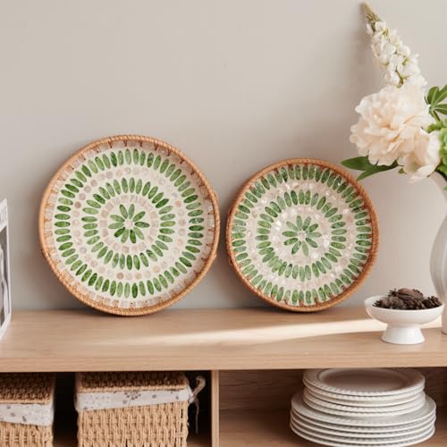 YANGQIHOME Round Serving Tray With Decorative Mother of Pearl Inlay, Rattan Wicker for Home Decor, Table Decor, Gifts, Dining, Woven for Food, Fruit, Coffee, 11.8 Inch - color: Green/White, size: 11.8"