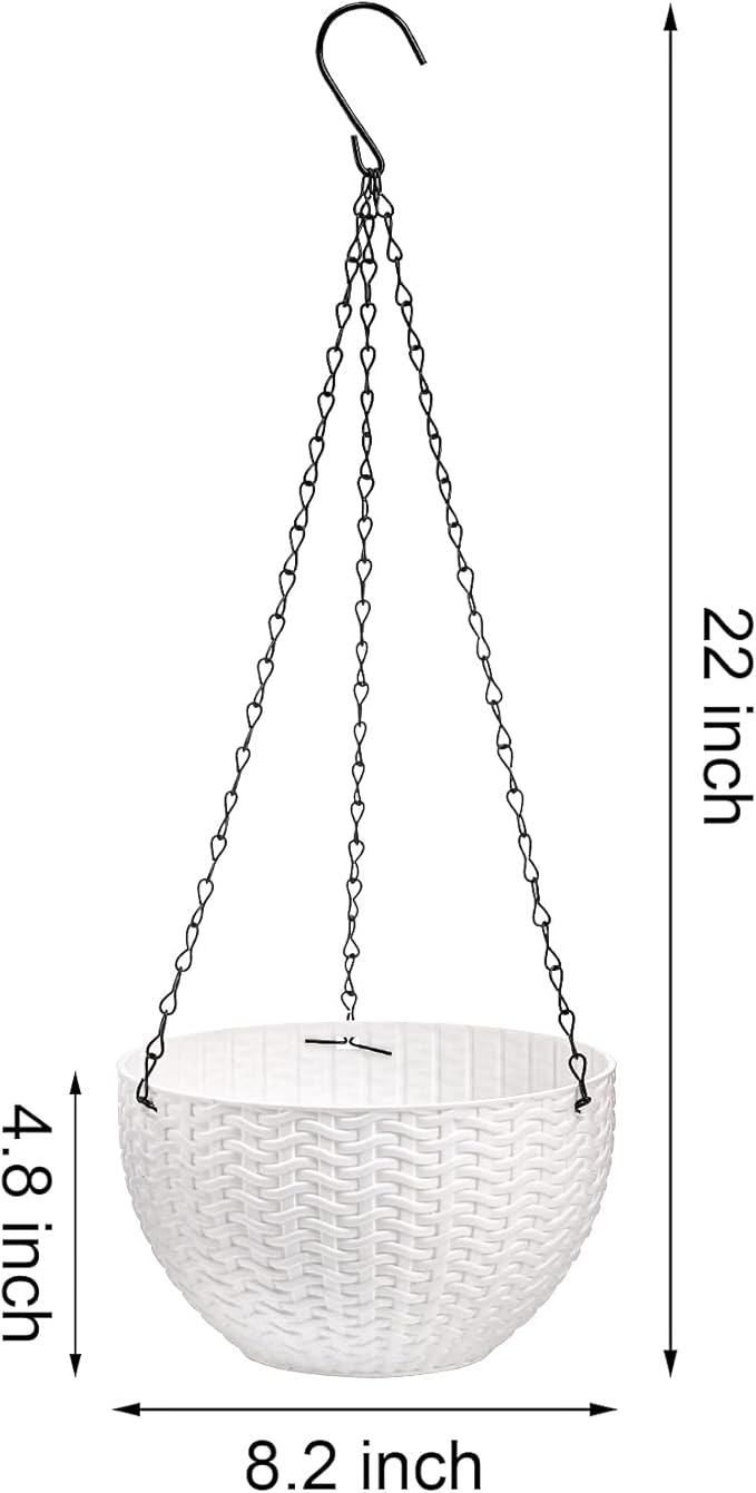 Foraineam 4 Pack 8.2 inch Self-Watering Hanging Planters, Garden Flower Plant Pot Container, Hanging Basket Planter with Drainer and Chain for Indoor Outdoor Use, White