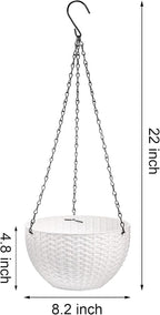 Foraineam 4 Pack 8.2 inch Self-Watering Hanging Planters, Garden Flower Plant Pot Container, Hanging Basket Planter with Drainer and Chain for Indoor Outdoor Use, White