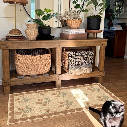 Front Door Mat Indoor Entrance - 2x4.3 Ft Tan Floral Washable Layered Doormat Outdoor Entrance Porch Rug Non-Slip Neutral Country Jute-Look Runner Rug for Kitchen Mud Laundry Room Porch Decor - color: Flower - Wheat/Tan/Sage, size: 2' x 4'3" (Rectangular)