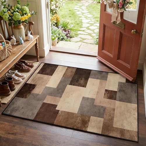 Modern Abstract Geometric Area Rug 2x3ft Brown Beige Gray Patchwork Rugs, Vintage Minimalist Rugs Washable Low-Pile Rug for Living Room Bedroom Modern Farmhouse Decor - color: Abstract Geometric, size: 2' x 3' (Rectangular)