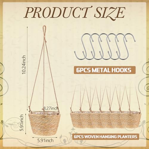 6 Pcs Seagrass Hanging Planter Basket Hand Woven Plant Basket with Plastic Liners Hanging Plant Holder Storage Containers with Cotton Rope for Indoor Garden Decor (Medium,Brown) - color: Brown, size: Medium