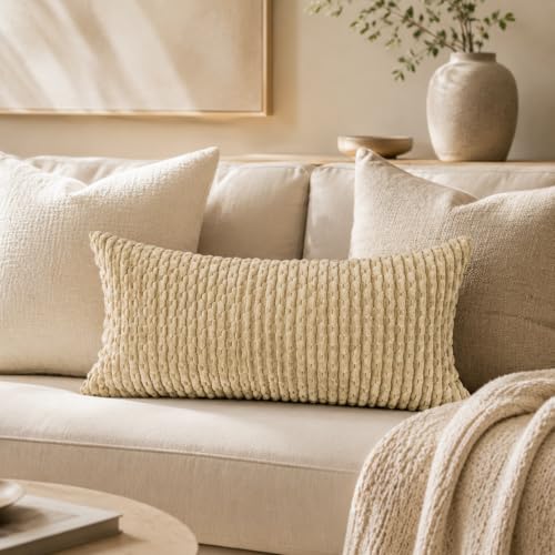 JoraLion 12x24 Boho Decorative Lumbar Throw Pillow Cover, Khaki Cozy Soft Striped Corduroy Long Rectangle Cushion Case Accent Home Decor for Sofa Bed Room Livingroom, ONLY Cover - color: Khaki, size: 24" x 12" (Pack of 1)