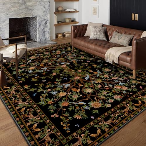 Black Area Rug 4x6.5, Machine Washable Non-Slip Rug, Boho Floral Botanical Soft Low Pile Small Throw Rug for Bedroom, Dining Room - color: Black, size: 6'6" x 4' (Rectangular)