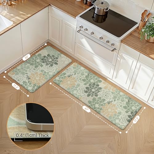 GENIMO Kitchen Mats for Floor, Kitchen Rugs Non Slip Washable Sets of 2, Waterproof Cushioned Anti Fatigue Mat, Floral Runner Rug for Laundry, Sink, Office, Home, 17.3"x47"+17.3"x30", Green - color: Green, size: 17.3"x47"+17.3"x30"