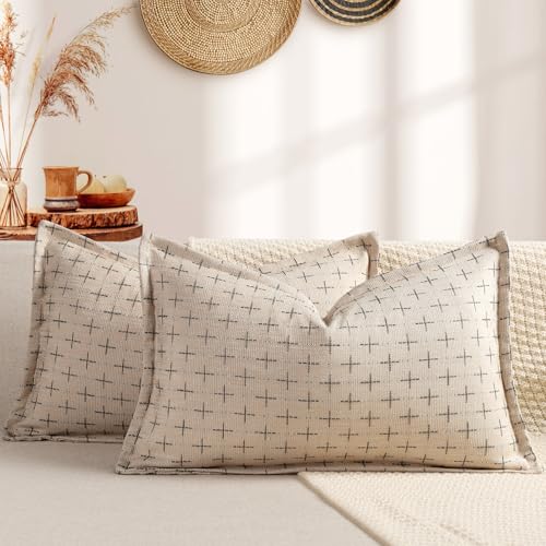 ZWJD 12x20 Pillow Covers Set of 2 Soft Polyester Textured Pillow Covers with Stylish Flange Edge Cozy Farmhouse Throw Pillows for Couch Bed Sofa Living Room - color: Beige, size: 20" x 12" (Pack of 2)