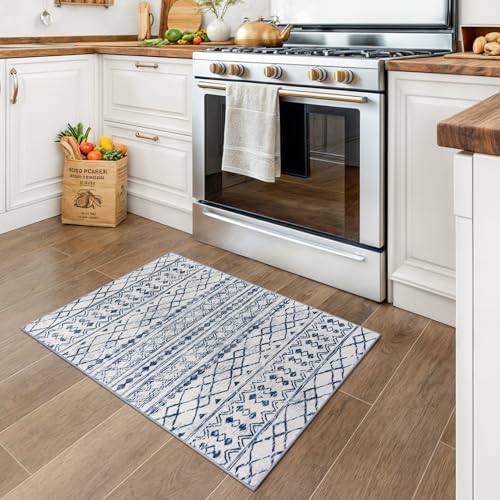 KUTA Moroccan Area Rugs, 2x3 Blue White Entryway Rug Non-Slip Washable Small Indoor Door Mat, Ultra Soft Print Vintage Distressed Geometric Low-Pile Floor Carpet for Entrance Kitchen - color: White/Blue, size: 2' x 3' (Rectangular)