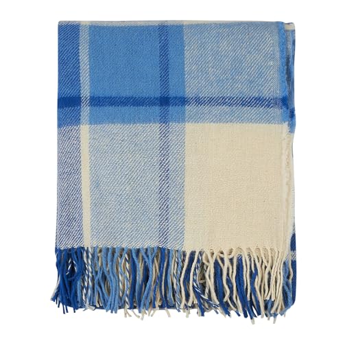 New Zealand Virgin Wool Throw Blanket, Indoor and Outdoor Blankets and Throws, Comfortable Soft Blanket with Fringes and Tartan Pattern, 67 x 79 in, Queen Size, Blue and White - color: Blue and White