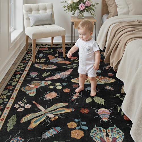Beeiva Insect Print Rug 8x10, Washable Throw Rugs for Bedroom Under Bed, Boho Non Slip Low Pile Ultra Thin Foldable Large Carpet for Kids Room Playroom Living Room Decor(Black,8x10ft) - color: Black, size: 8' x 10' (Rectangular)