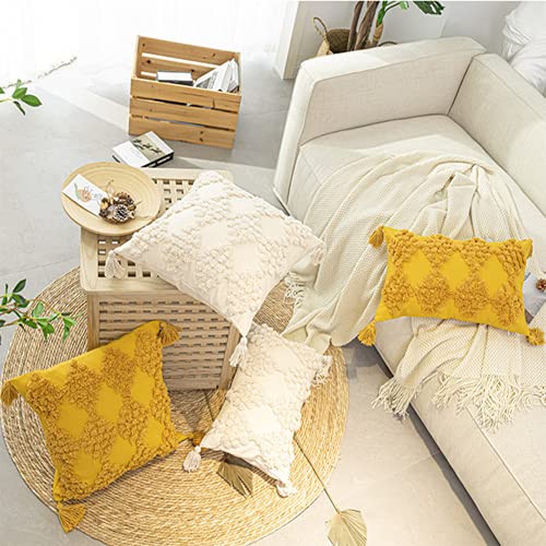 Boho Geometric Throw Pillow Cover Woven Tufted Cushion Cover with Tassel,Canvas Decorative Square Throw Pillowcase for Sofa Couch Bedroom (Yellow,18"×18")