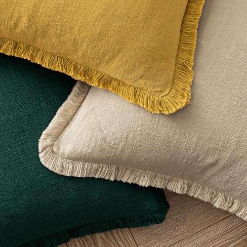 MIULEE Decorative Throw Pillow Covers Neutral Linen Fringe Throw Pillows Set of 2 Beige Boho Farmhouse Cushion Covers with Tassels for Couch Sofa Bed Living Room Spring Home Decor 18x18 Inch - color: Beige, size: 18" x 18" (Pack of 2)