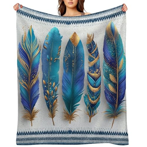 Blanket Boho Feather Gold Ornament Throw Blanket for Women Men, 50"x60" Blue Geometric Pattern Border Plush Flannel Throws, Decor for Bed Couch Bedroom - color: Boho Feather Gold Ornament, size: 50"x60"
