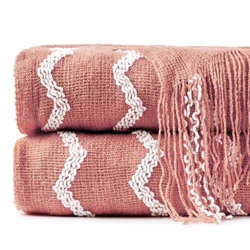 BOURINA Fluffy Chenille Knitted Fringe Throw Blanket Lightweight Soft Cozy for Bed Sofa Chair Throw Blankets, Coral Pink 50" x 60" - color: A-coral Pink, size: 50"×60"