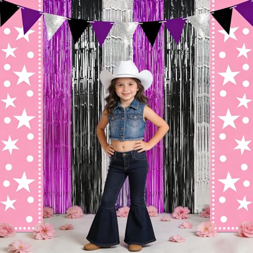 TONIFUL Black Silver Hot Pink Door Streamers,Black and Pink Photo Booth Backdrop Metallic Streamers Foil Fringe Curtain for Birthday,New Year,Graduation,Grad,Baby Shower Party Streamers Decoration - color: Black Silver Rose Red