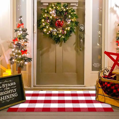 Christmas Red and White Plaid Rug - 24 x 51 Inches Outdoor Front Door Decor Mat Cotton Washable Hand-Woven Rug Christmas New Year Holiday Porch Entryway Layered Doormat - color: Red & White Plaid, size: 2' x 4'3" (Rectangular)