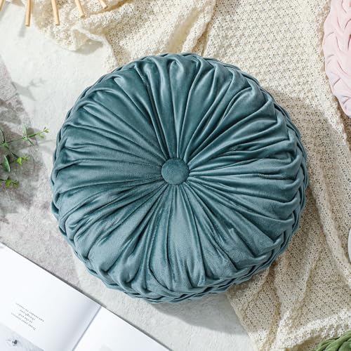 Drydiet 1 Pcs Round Throw Velvet Pillows Decorative Pleated Throw Pillows Diameter Accent Pumpkin Boho Chair Cushion for Couch Sofa Home Decoration (Dusty Blue,15'') - color: Dusty Blue, size: 15''
