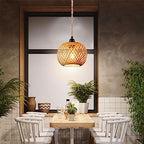 Boho Plug in Pendant Light Wicker Rattan Hanging Lights with 15ft Hemp Rope Cord MINI Bamboo Lampshade Wall Lighting Fixture Swag Lamp for Kitchen Island Farmhouse Living Dining Room Bedroom