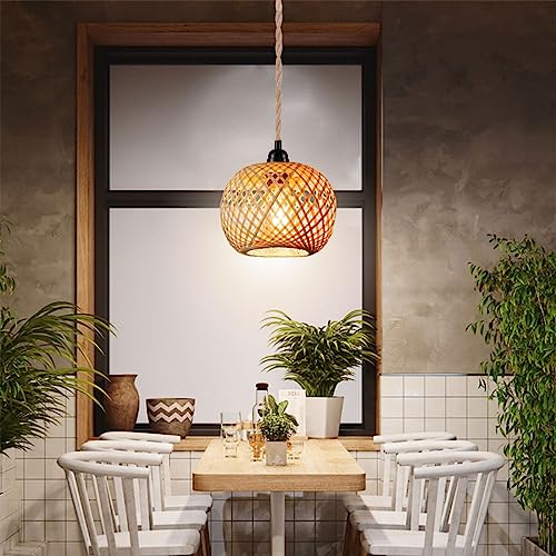 Boho Plug in Pendant Light Wicker Rattan Hanging Lights with 15ft Hemp Rope Cord MINI Bamboo Lampshade Wall Lighting Fixture Swag Lamp for Kitchen Island Farmhouse Living Dining Room Bedroom