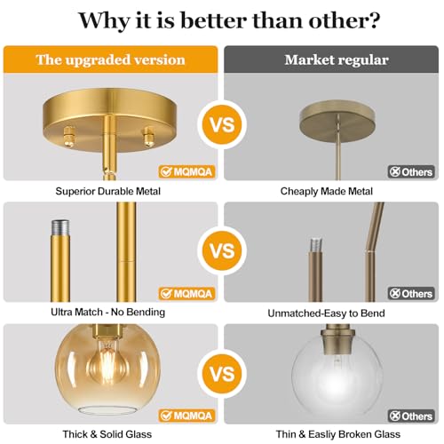 MQMQA 2 Pack Gold Globe Pendant Lights, Mid Century Gold Pendant Light Fixtures, Amber Glass Pendant Lights Kitchen Island Adjustable Hanging Fixture for Dining Room (Bulbs not Included) - color: Brushed Gold + Amber Glass 2 Pack