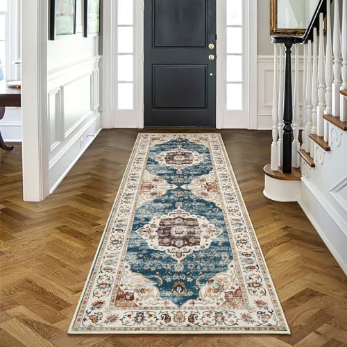 HOMORE Vintage Runner Rug-2x6 Hallway Runner Rugs for Kitchen Entryway Non Slip Washable Bedroom Rug Faux Wool Floor Carpet Runners for Indoor Front Entrance Laundry, Blue/Brown - color: Blue/Brown, size: 2' x 6' (Rectangular)