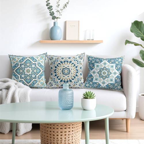 Boho Oriental Blue Mandala Floral Throw Pillow Covers 18x18 Inch Set of 4 Vintage Geometric Moroccan Flower Cushion Covers Home Decor for Couch Cushion Cases - color: Blue