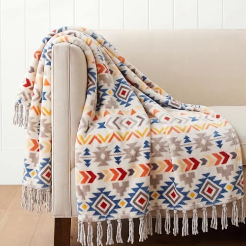 CASAAGUSTO Boho Throw Blanket with Tassel, Farmhouse Western Flannel Bohemian Blanket, Vintage Native Mexican Decorative Throw, Ideal for Gifting (50x60 Inches, Colorful) - color: Colorful, size: 50X60