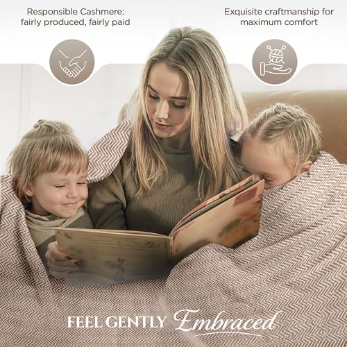 Cashmere Blanket – Hand Woven 100% Pure Wool Throw Blanket, 135 x 270 cm – Herringbone Pattern Cozy, and Soft Blanket for Bed, Sofa, or Couch - Made in Nepal - color: Grey Brown
