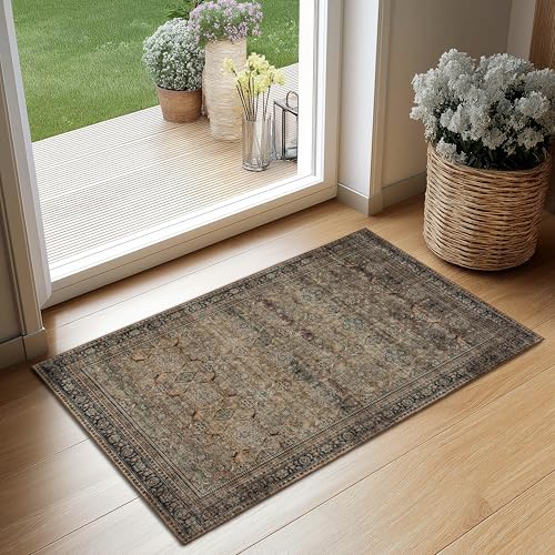 Ruaruarug Washable Area Rug 2x3 for Kitchen Entryway Living Room Bedroom, Ultra Soft Non Slip Stain & Fade Resistant, Pet & Kids Friendly, Suitable for High Traffic Areas Easy to Clean, Vintage Brown - color: Vintage Brown, size: 2' x 3' (Rectangular)