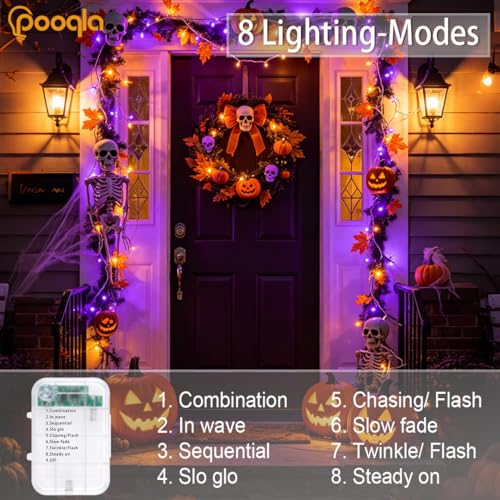 Pooqla 4 Pack String Lights Battery Operated, Total 66.6ft 200 LED Fairy Lights Indoor Outdoor Decorations, 8 Modes Battery Lights for Halloween Bedroom Classroom Porch Party Yard Decor, Orange Purple - color: Orange and purple, size: 50 LED x4