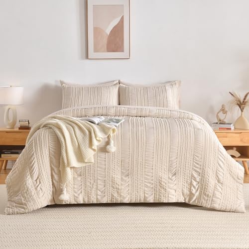 DHSFKBE Beige Tufted Comforter Set King Size 7 Piece Bed in a Bag，Shabby Chic Boho Bedding for Bedroom Comforter，All Season Soft Microfiber Ruffle Comforter Set with Pillow and Sheets - color: Beige, size: King