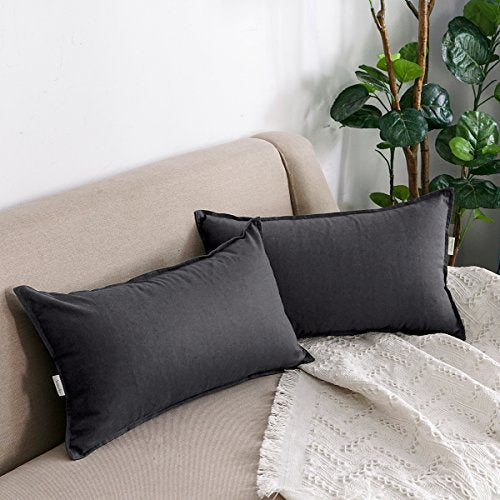 Jeanerlor Natural Cotton Linen Square Decorative Throw Pillow Case Dark Grey Cushion Cover with Twin Needles Stitch on Edge for Lumbar, 12"x20"(30 x 50cm), Dark Grey - color: Dark Grey, size: 20" x 12" (Pack of 1)