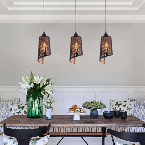 Industrial Black Pendant Light Fixture Vintage Mini Black Pendant Lighting with Gold Finish Rustic Hollow-Carved Small Pendant Light for Kitchen Island, Dining Room, Bedroom, 3 Pack - color: Black Gold 3-Pack