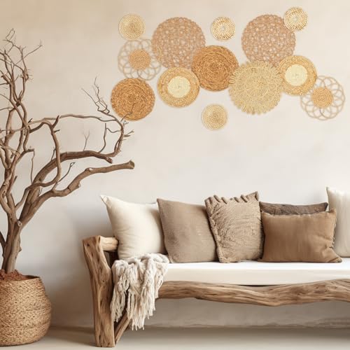 Glenmal Set of 13 Boho Wall Basket Decor Woven Rattan Flat Baskets Handmade Boho Wicker Bamboo Seagrass Wall Hanging Decor for Bedroom Living Room Dining Room Office Ready to Hang(Classic) - style: Classic